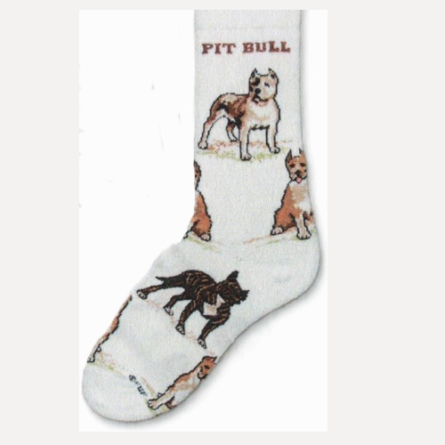 FBF Pit Bull Poses 2 has the words, "Pit Bull" on the top of the sock. Below are several different coat colors and graphics of poses.