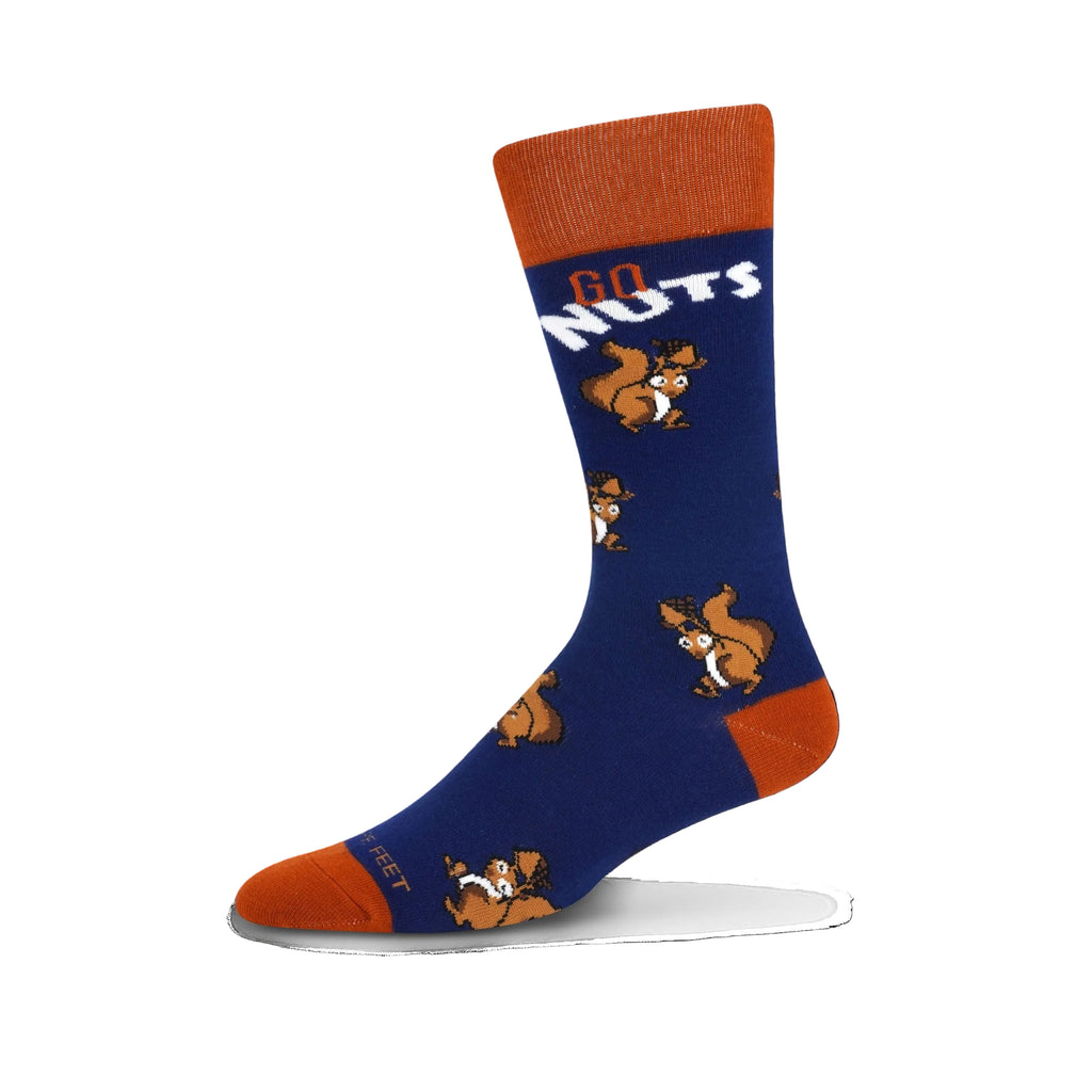 Blue sock with orange accents featuring squirrels and 'GO NUTS' text on a white background