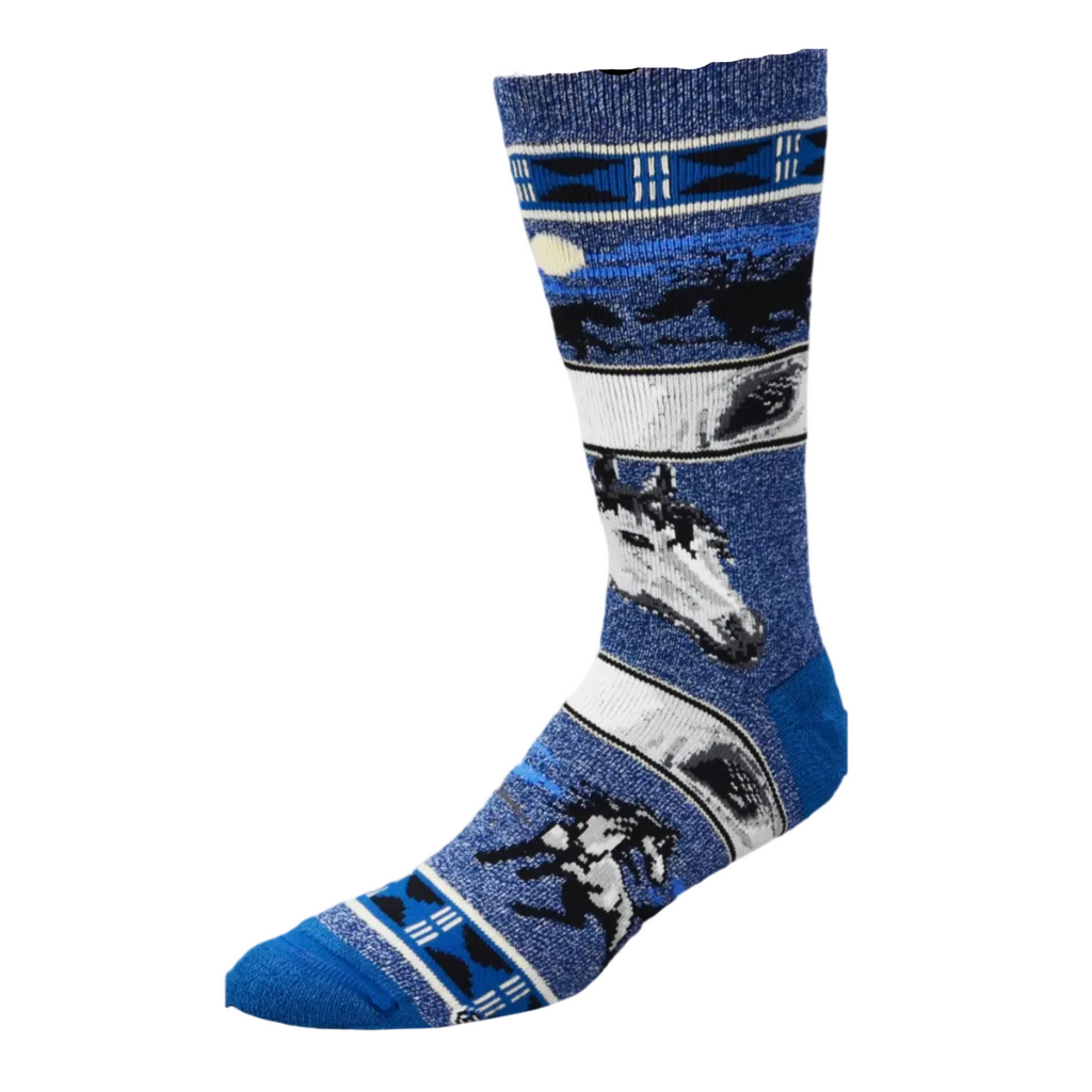 FBF Blue Marbled Sock with Horses and Horses Eyes on White background.