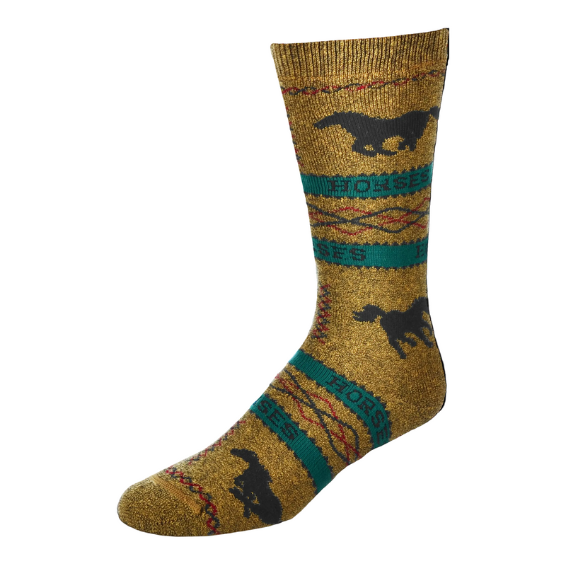 Sock with horse silhouette patterns on a bronze background on a white square.