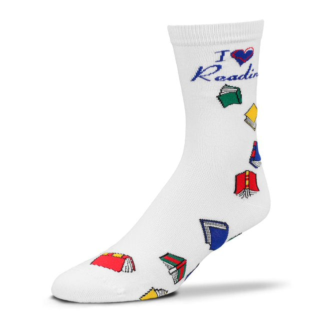 FBF I Love Reading Sock is on a White Background with "I Love Reading" but with a Heart for Love. The Books are all bright colors Red, Green, Yellow and Blue.