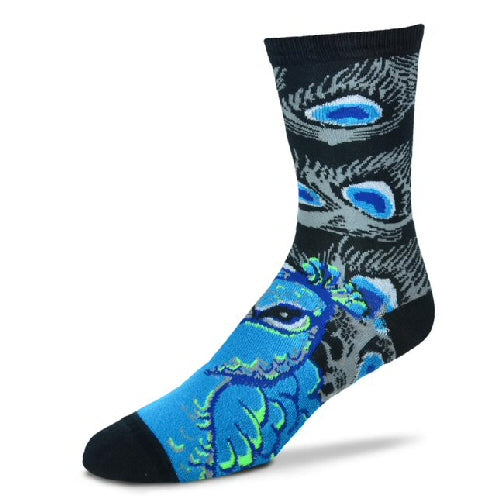 FBF Metallic Peacock Sock shows off the male bird with Bright Blues on a Black background. The Eyes are Azure, Cerulean and Sliver Metallic Thread.