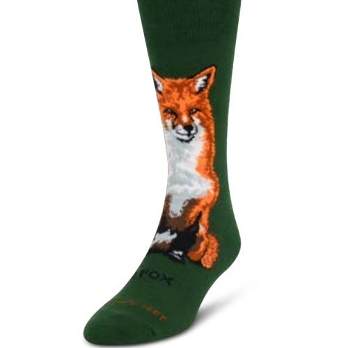 On the background of Forrest Green sits a Red Fox on the front of this Sock. Tawny and Titian Red, Black, White and Grey make his Fur.  Underneath in Black reads Red Fox.