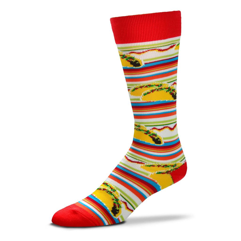 FBF Taco Tuesday Sock begins on a White background. Rosewood is the Cuffs, Heels, and Toes. Also row lines, plus Mahogany, Lawn Green, Avocado, Cerulean, and Caramel for the Taco Shell. The meat is Black Bean. The Vegies are the colors of the Rows except Cerulean.
