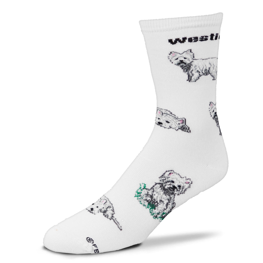 FBF Westie Poses 2 Sock starts on a Bright White background. Below the Cuff reads, Westie in Bold Black Print. The Westie is in many Poses all over the Sock. Standing, Laying Down, and Sitting in Green Grass.
