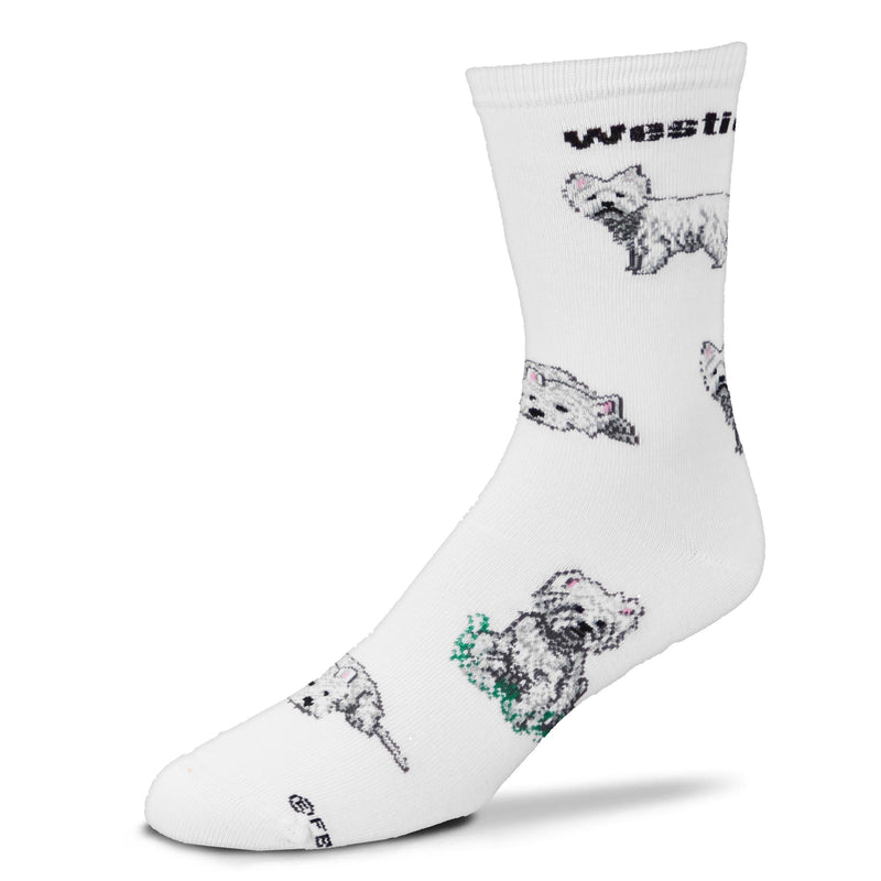 FBF Westie Poses 2 Sock starts on a Bright White background. Below the Cuff reads, Westie in Bold Black Print. The Westie is in many Poses all over the Sock. Standing, Laying Down, and Sitting in Green Grass.