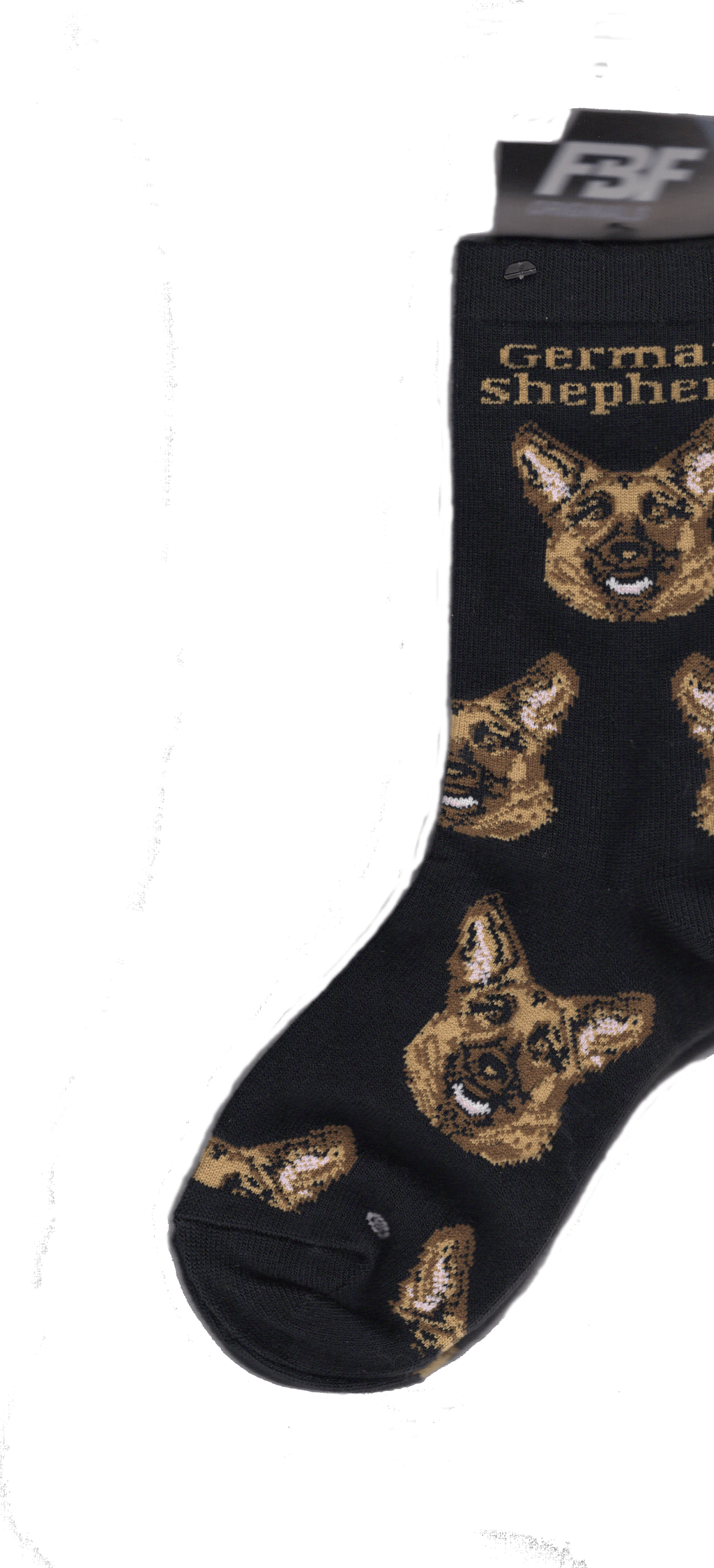 FBF German Shepherd Head Sock begins on a background of Black. Under the Cuff reads, "German Shepherd" in Bold Brown print. Then begins the Happy Face of a German Shepherd Front. The Head is made up of Fawn, Chocolate and Russet to blend his fur. Black is for outlining his Nose, Mouth and Ears. His Ears and Mouth are a mixture of Almond and White..