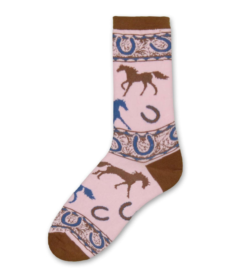 Sock with Brown and Blue Horses and Horseshoe patterns on a pink background.