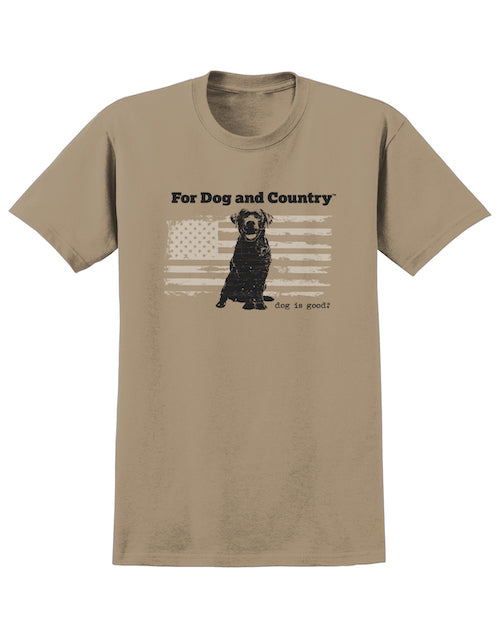 This Dog is Good T-Shirt is Unisex and comes in Sizes S to 3XL. It has an American Flag in White behind a Black Labrador Retriever. The saying is in bold Print saying. "For Dog and Country".
