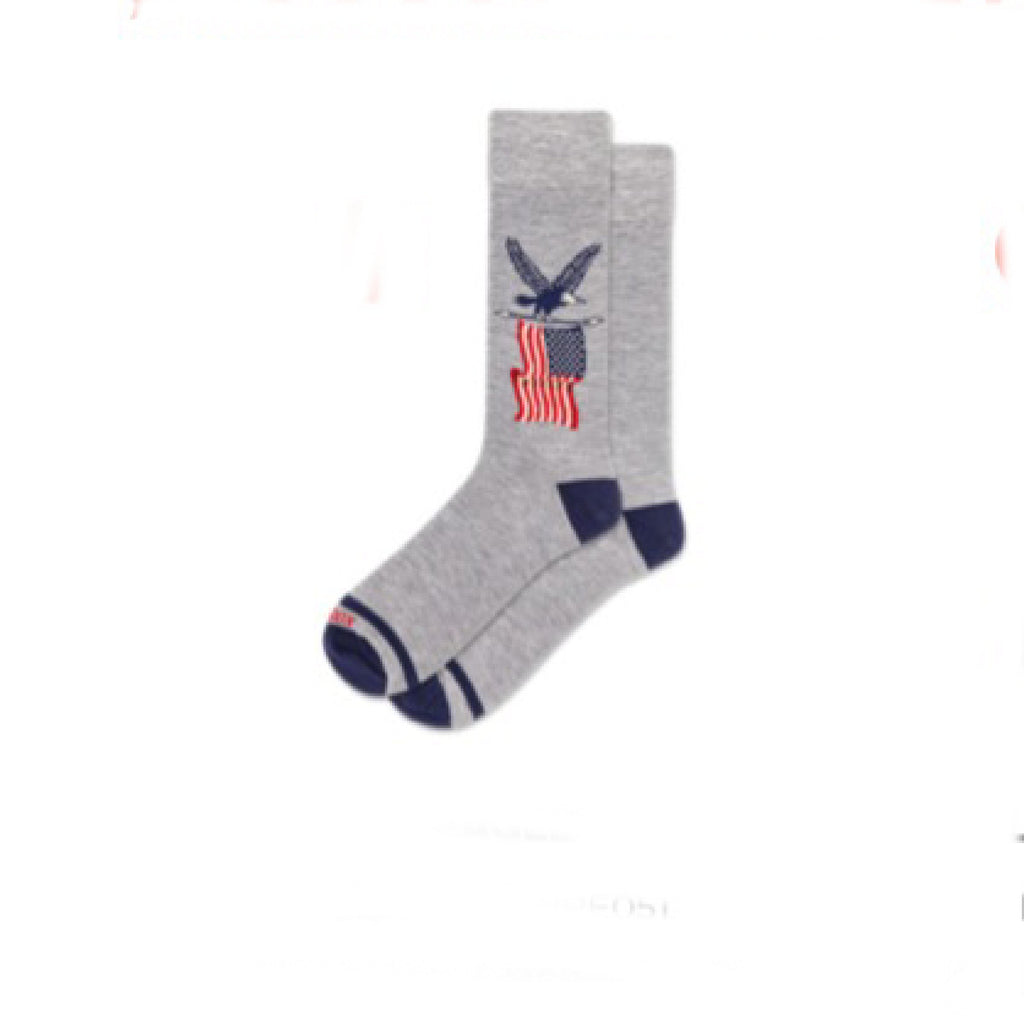 Gray sock with American Eagle flying USA flag design on a white background