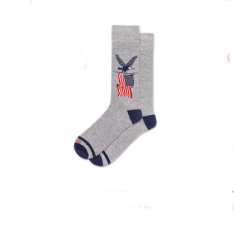 Gray sock with American Eagle flying USA flag design on a white background