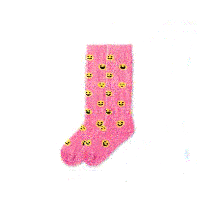 K Bell Girls Emoticons Knee High is Pink with all kinds of Yellow Happy Faces