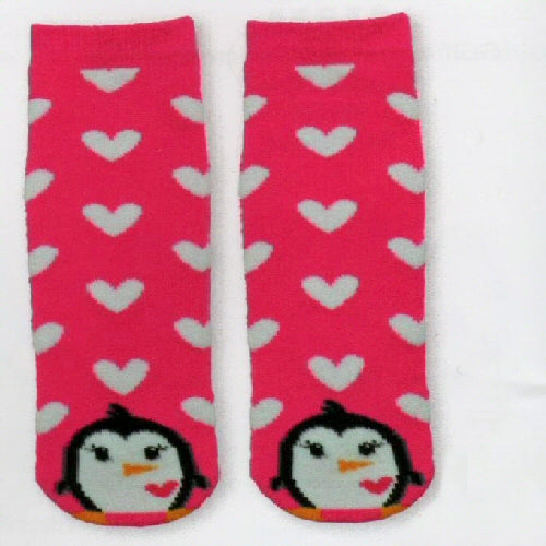 K Bell Kids Penguin Tube Non Skid Slipper Socks has White Hearts on a Pink background