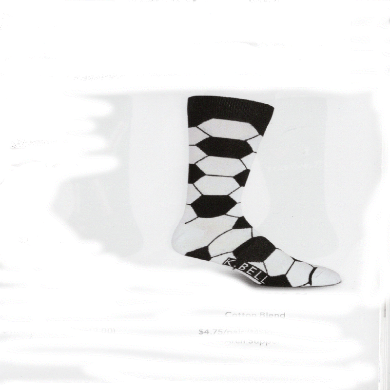 K Bell Mens Soccer Sock is all about the Soccer Ball. With Polygons of Black and White making Soccer Balls on the Sock. The Top Cuff is Black the Heel and Toes are White.