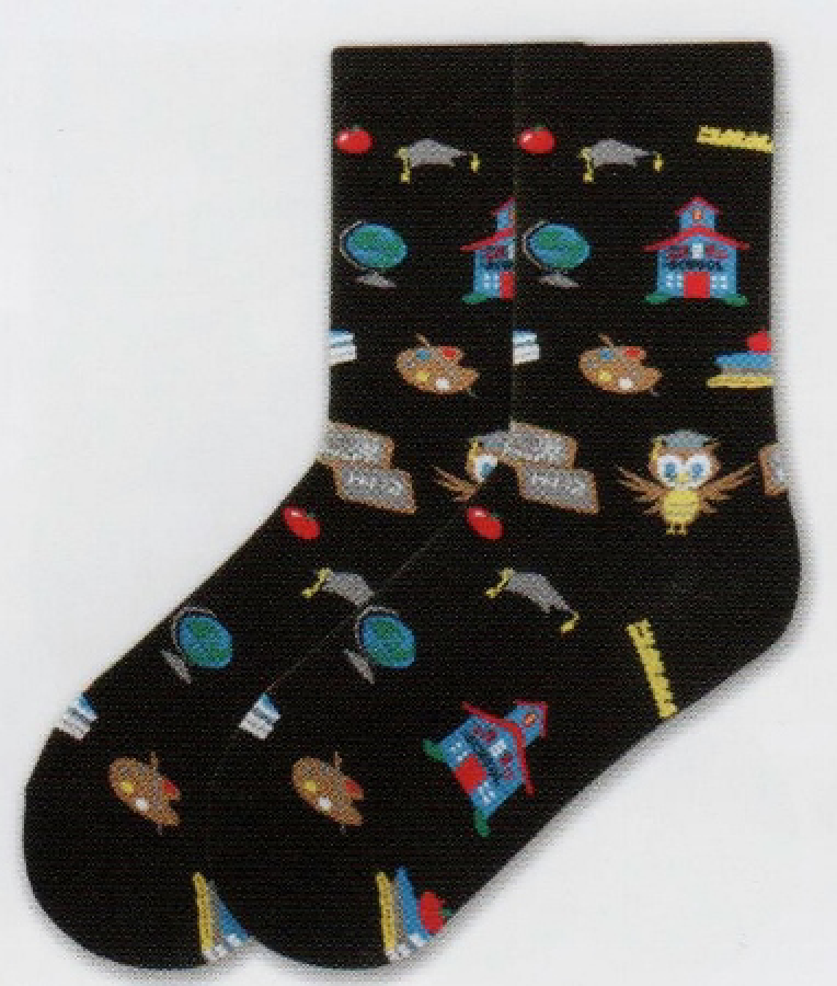 Teacher's Pet Sock starts on a Black with things on it you find at School. Things like a School House, A Chalk Board, A Wise Owl, and a Globe of the Earth.