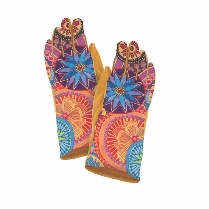 Laurel Burch Circle of Floral Gloves is all about Flowers in Circles. The colors are bright Blues, Reds, Oranges. Greens, Purples, Black and Gold.