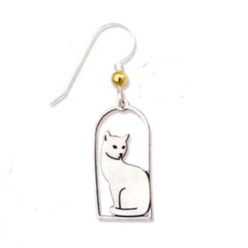 Earring with a Silver Cat floating in the Center which looks like a window on a White background