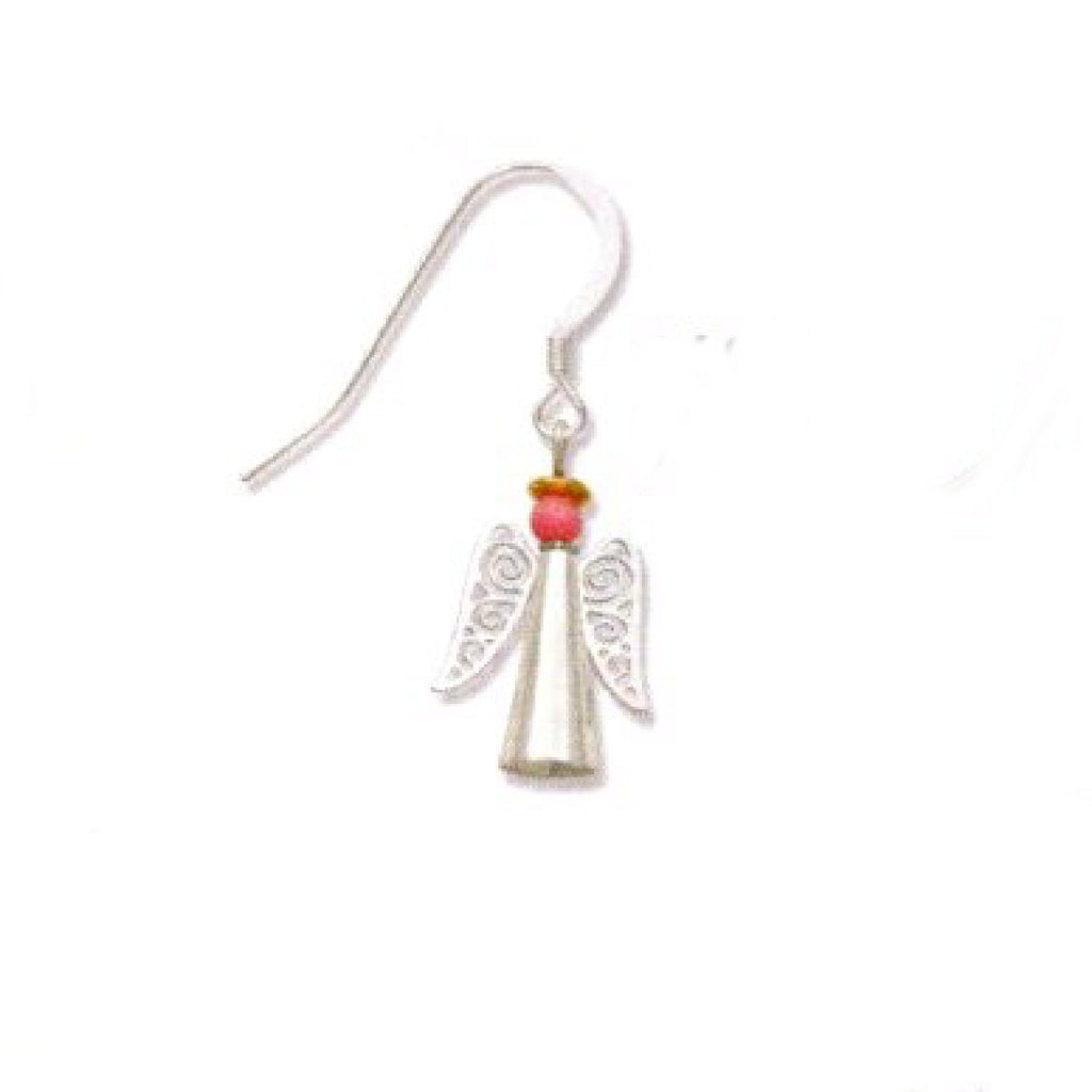 Silver angel wing earring with pink bead on a white background
