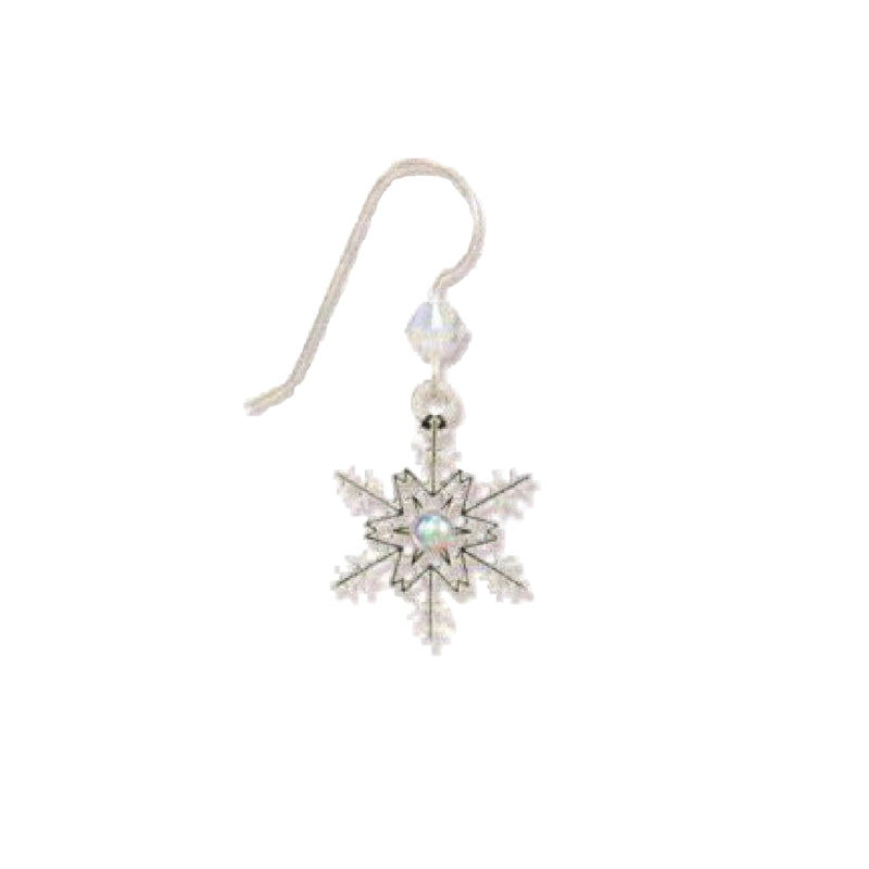 Silver snowflake earring with clear blue gemstones on a white background
