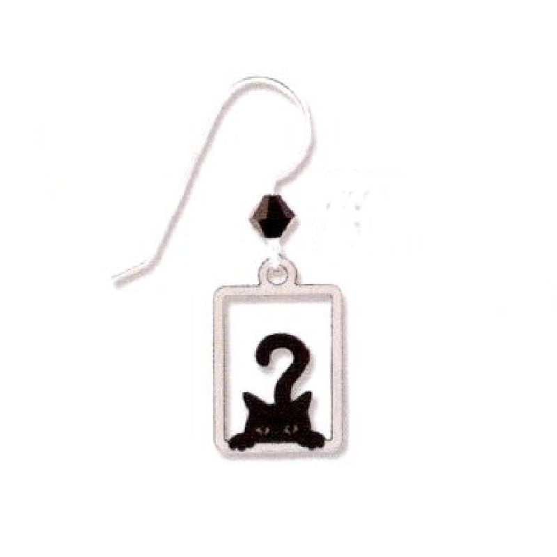 Black Cat Peek A Boo in Rectangle Earring on a White background