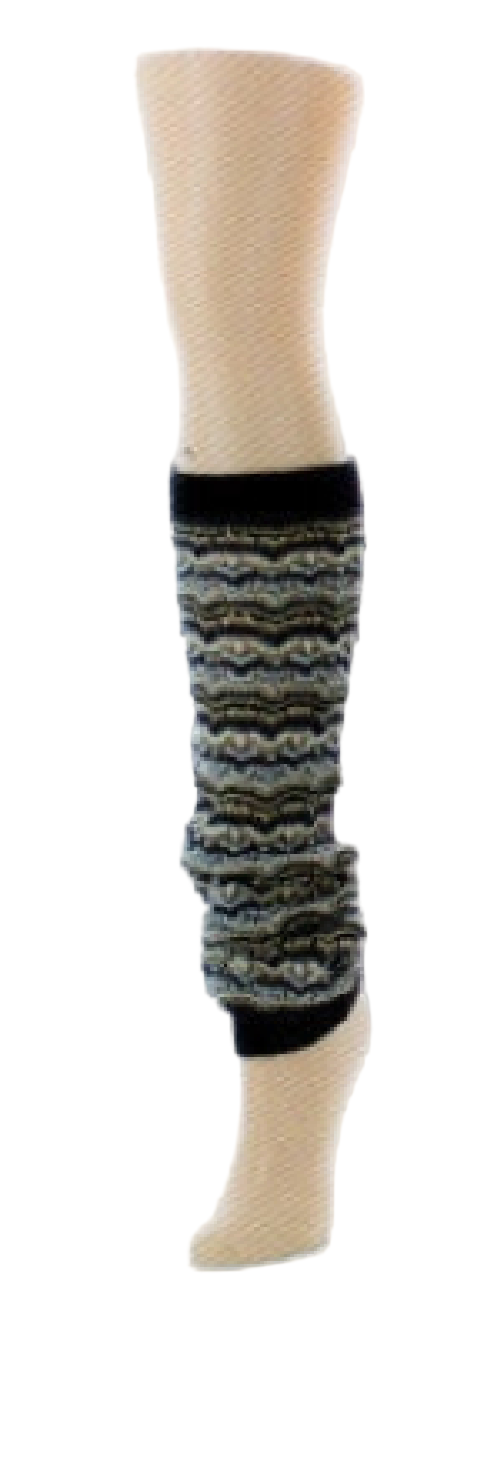 Legwarmers are striped with Beige, Grey Black and White.