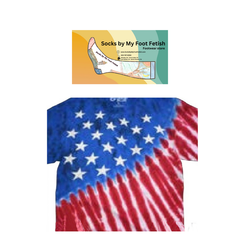 T-shirt with American flag design and 'Socks by My Foot Fetish' packaging above it.