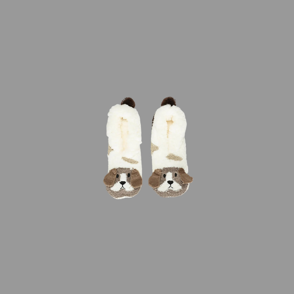 Pair of dog-themed slippers with faces on a grey background