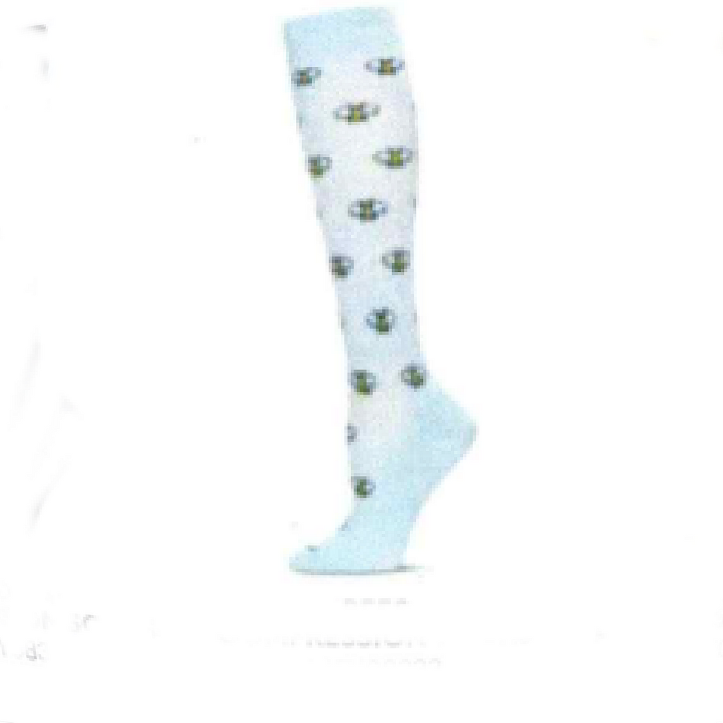 Light blue knee-high sock with Yellow Bees pattern on a white background