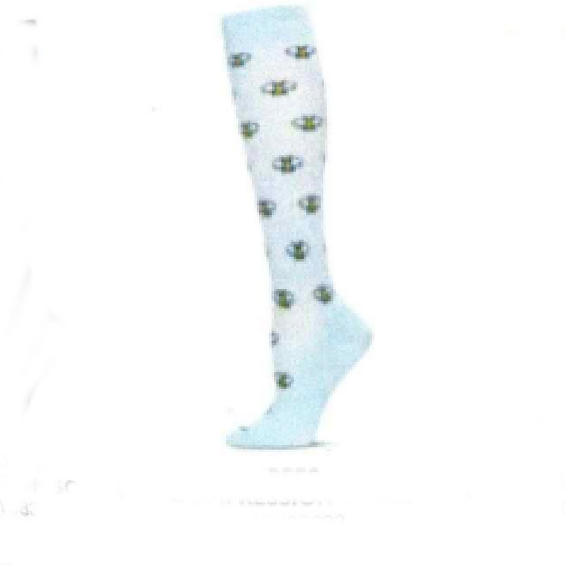 Light blue knee-high sock with Yellow Bees pattern on a white background