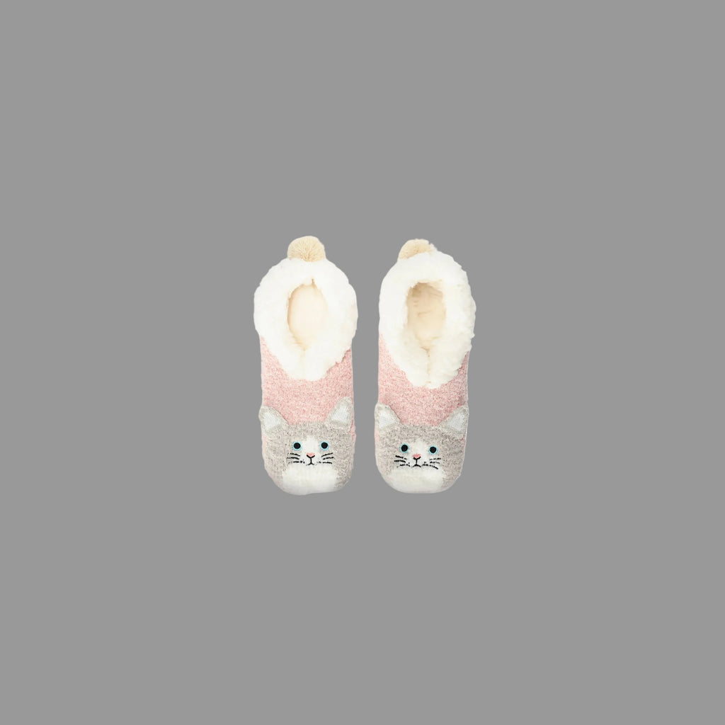 Pair of cat-themed Slippers with fur-lined toes on a Grey background