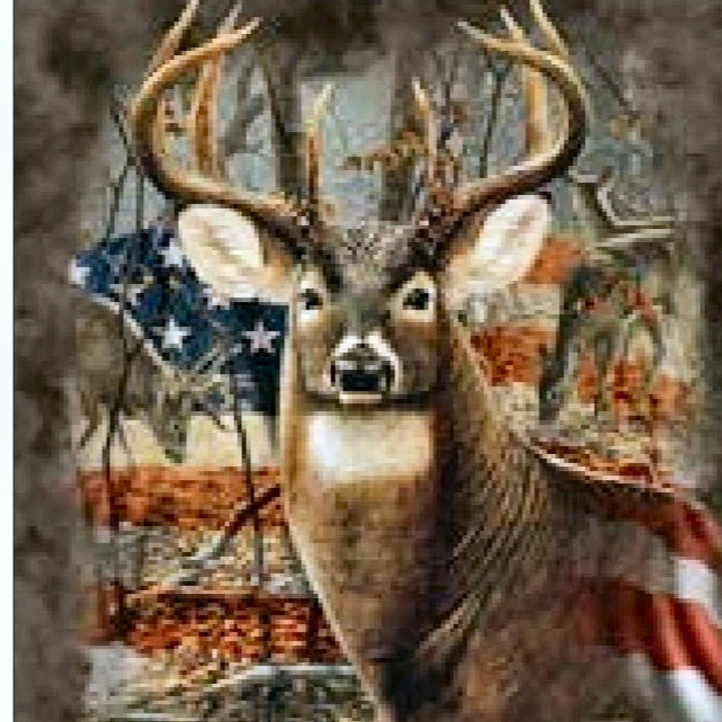 Deer in Woodland area as backdrop. American Flag overlayed on top of scene and Major Buck Pose.