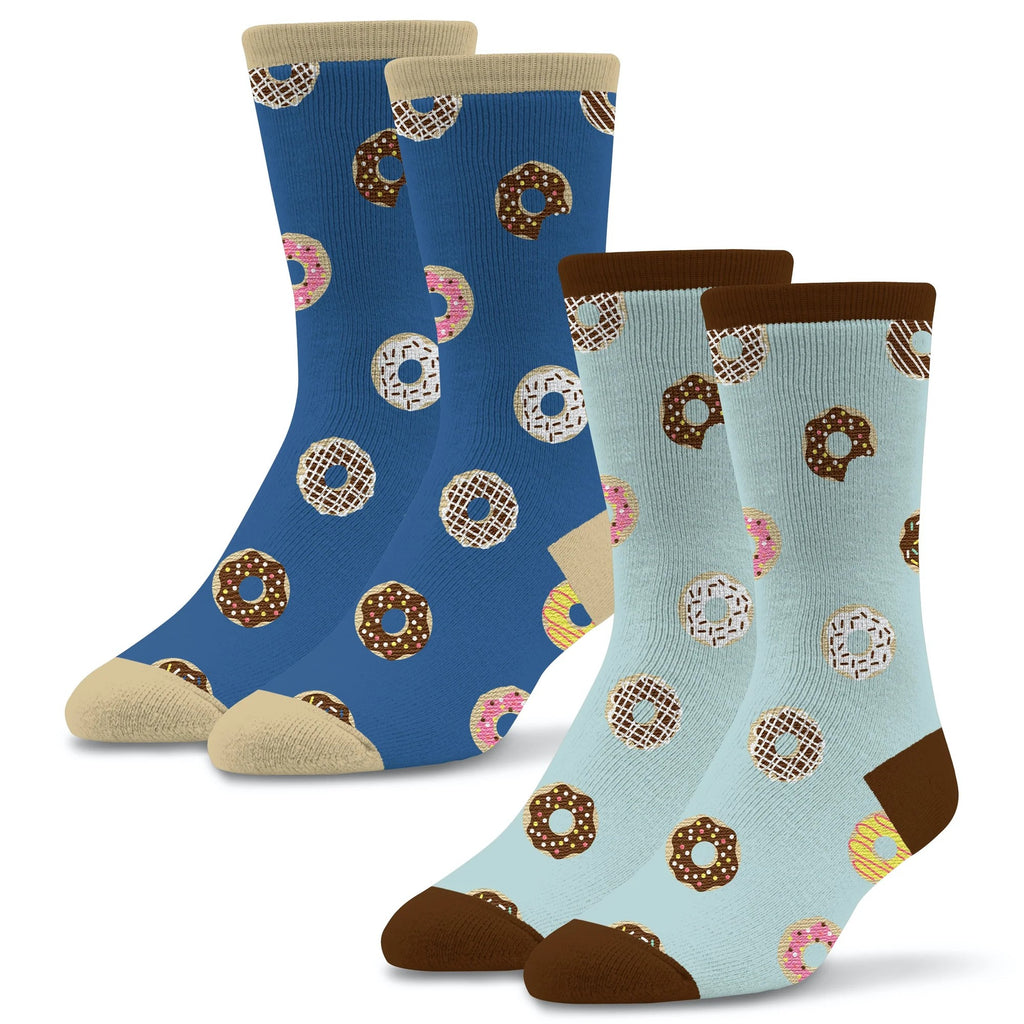 Socktastic 2PK Donut Time Socks for Men are both covered with Donuts of Multicolored Icing and Sprinkles. One is in Light Blue and the Other in Independence Blue.