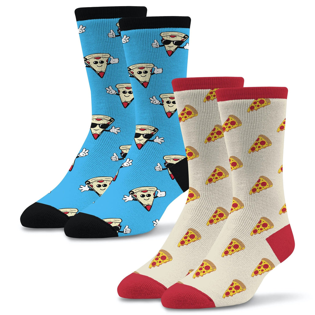 Socktastic 2PK Pizza Socks Top Sock is Almond with a Margerita Pizza. The Bottom Sock is a Blue Funny Pizza Sock with Faces and Hands Animated.