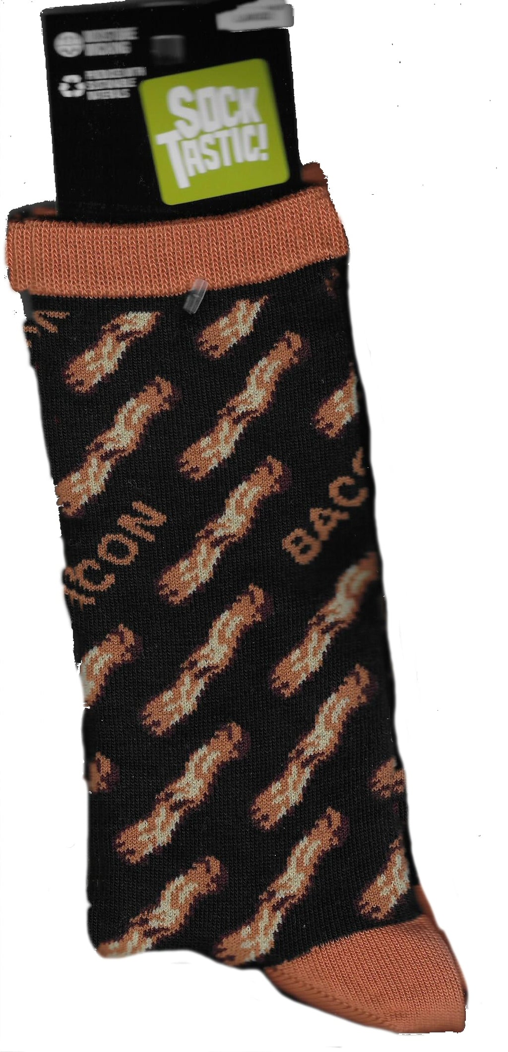 Socktastic Bacon Sock is Black background with Rust Cuffs, Heels and Toes. It has Bacon in Rows and the Word Bacon interspersed.