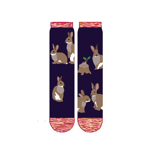 On this Graphic of TabbiSocks Bunny Rabbit Replant Pairs starts with a Denim background with a Rose Ebony and Greige variegated knit on Cuffs, Heels, and Toes. The Bunnies are Coffee, Cinereous, and Alice Blue White.