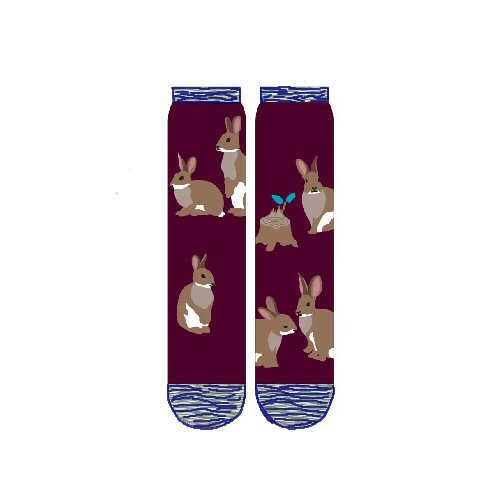 This is a Graphic of the TabbiSocks Bunny Rabbit Replant Pairs Donation Ca on a Burgundy background with Denim and White Cuffs, Heels and Toes.