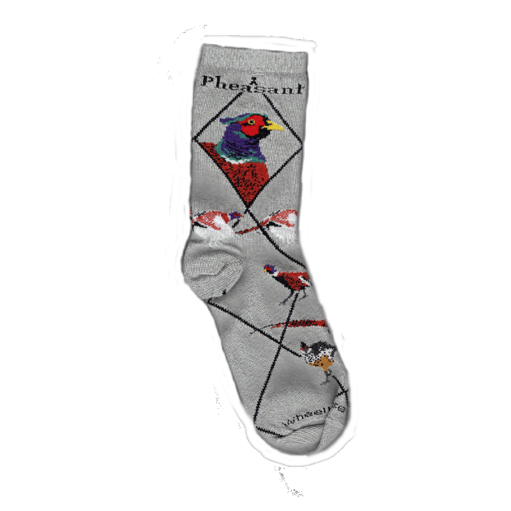 Wheel House Designs Pheasant Sock starts on a Grey background. Argyle Diamonds and Pheasant in Black. The colors are Teal, Purple, Red, Yellow and