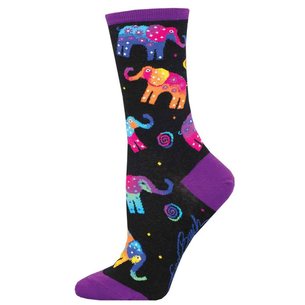 Colorful elephant-patterned sock with purple accents on a white background