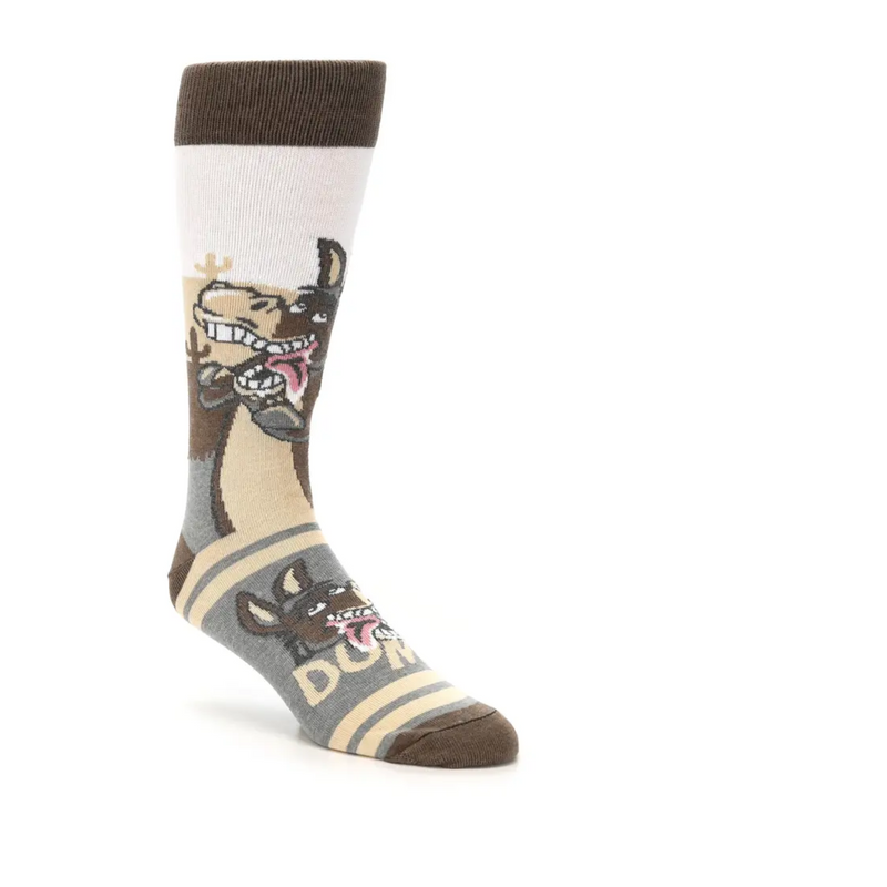 boldSOCKS Dumb Ass Donkey Sock has a silly Donkey laugh going on starting at the Cuff. The front shows him with an open mouth with Dumb written out.