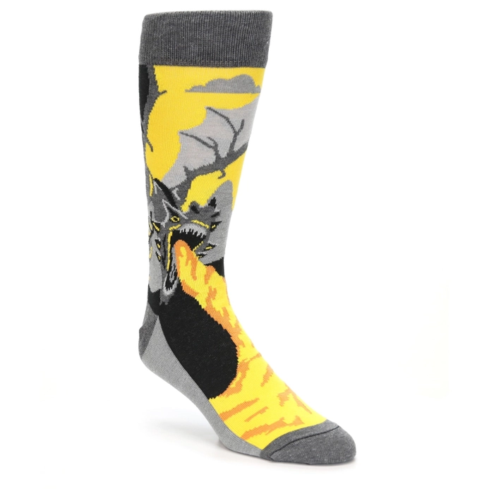 boldSOCKS Grey Orange Dragon Sock Right shows the Dragon's Face and Wing. Shows breathing liquid fire in Habanero Gold and Orange Pepper.
