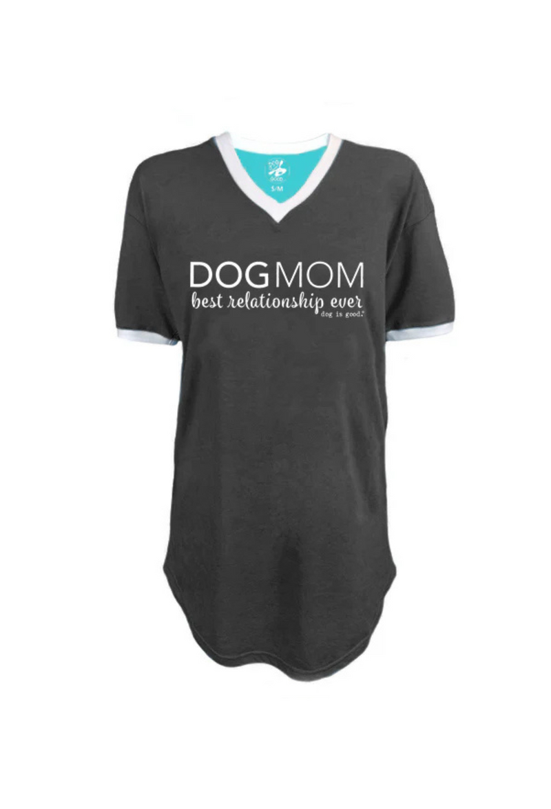 Black t-sleepshirt with 'DOG MOM best relationship ever' text on a white background