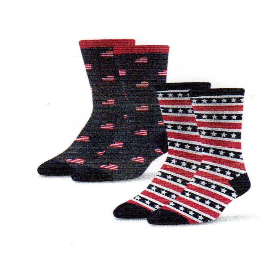 Socktastic Mens 2 Pair Pack Flag Socks are together for a great show of Patriotic feelings for our Country. The first Sock is Red, White and Blue. The Cuffs, Heels and Toes are Blue. Red and White solid stripes run down the socks to the Toes. The Blue Stripe has the Five Point White Stars. The second pair begin on a background of Charcoal Grey with Bright Red Cuffs and Blue Heels and Toes. All over this Sock in variegated rows are placed the Flag of The United States of America.