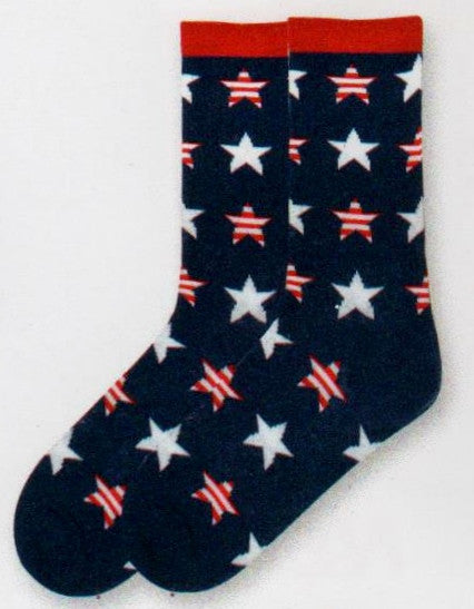 K Bell Americana Star Sock starts on a Navy Blue background with a Bright Red Cuff the Stars are Bright White or Red and White Striped.