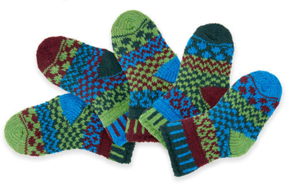 Solmate Socks Baby Series JuneBug Socks comes in 2 Pair and a spare. The Socks are Mismatched on purpose for fun! Colors are Apple Green, Turquoise, Burgundy and Forest Green.