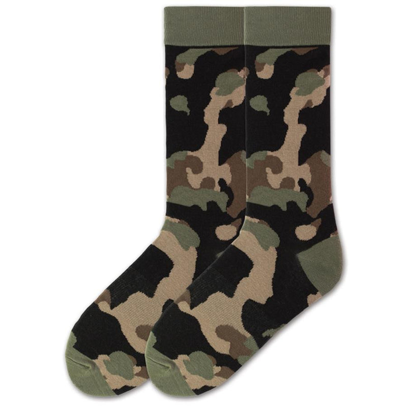 K Bell Camouflage Sock for Men comes in Large and X-Large. This is a basic Woodland Pattern Camo with Olive. Tan, Black and Brown Nose.