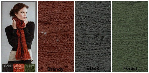 Collage of the Zazou Madeleine Scarf with Fringe on Model with the three colors available, Brandy, Black and Forest.