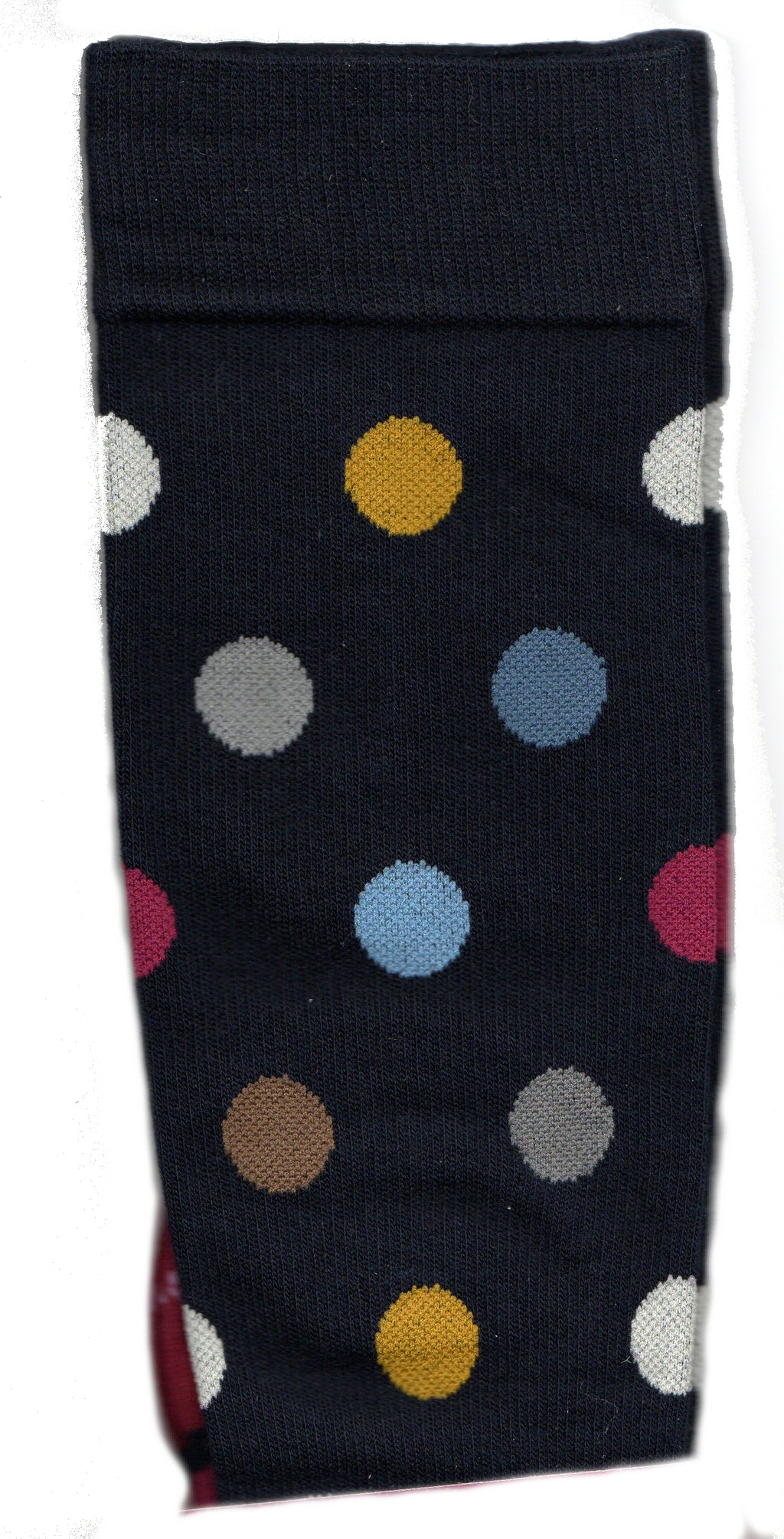 Compression Dots Socks starts on Navy with Merlot Heels and Toes. Merlot Dots and Light, Medium and Dark Grey, Light and Steel Blue, Brown and Goldenrod are around it.