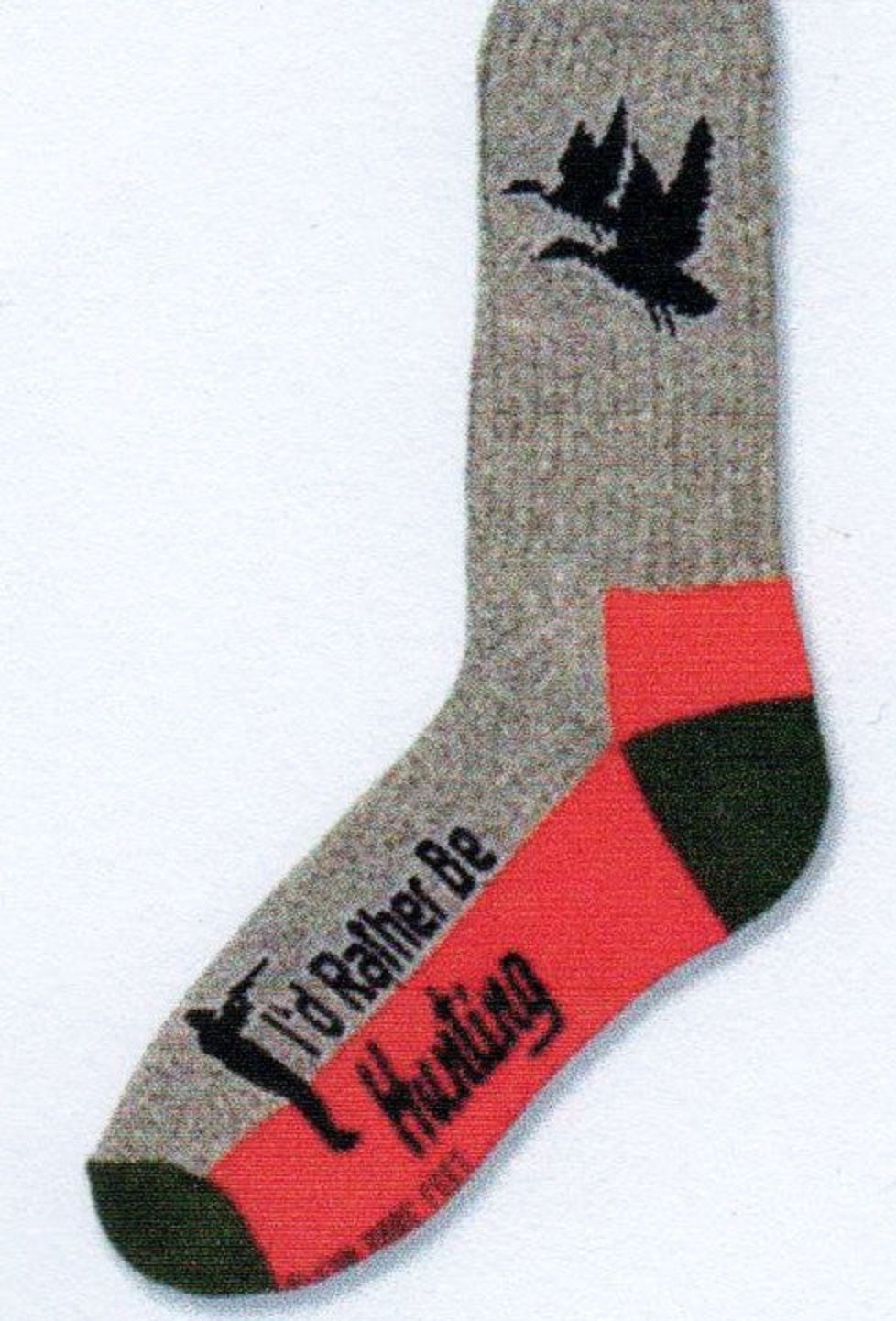 FBF Duck Hunting Sock states, "I'd Rather Be Hunting". It has a Grey background with Black Silhouettes of Ducks Flying. The Heels and Toes are Forest Green. The bottom of the Sock is Hunting Orange.