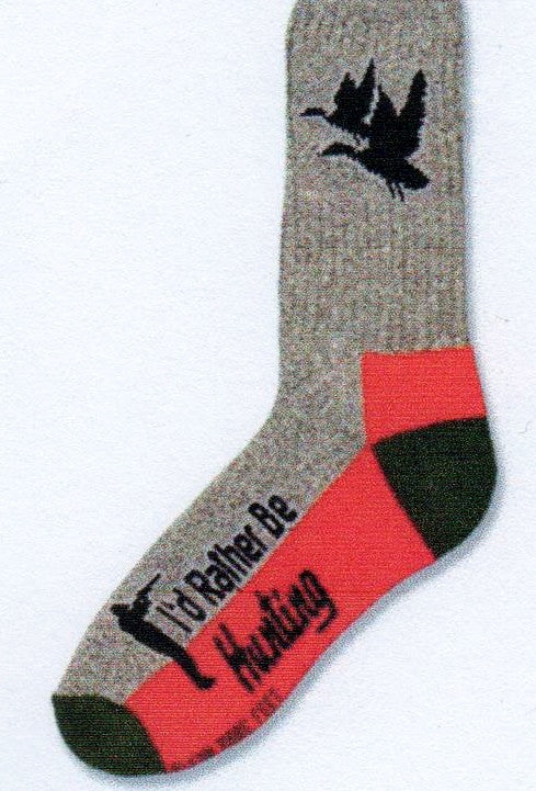 FBF Duck Hunting Sock states, "I'd Rather Be Hunting". It is a Thick Sock with Grey background on Top with Black Silhouettes of Ducks Flying. Then the Heels and Toes are Forest Green. The bottom of the Sock is Hunting Orange.