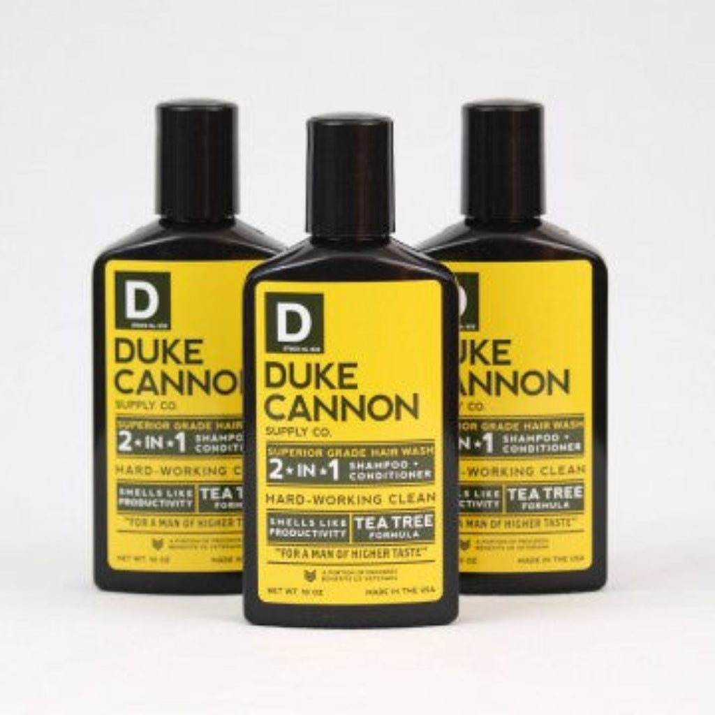 Duke Cannon Superior Grade Hair Wash 2 in 1 Shampoo ad.